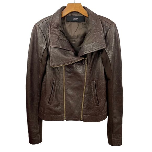 VEDA Brown Max Classic Leather Moto Jacket Size L - Picture 2 of 10